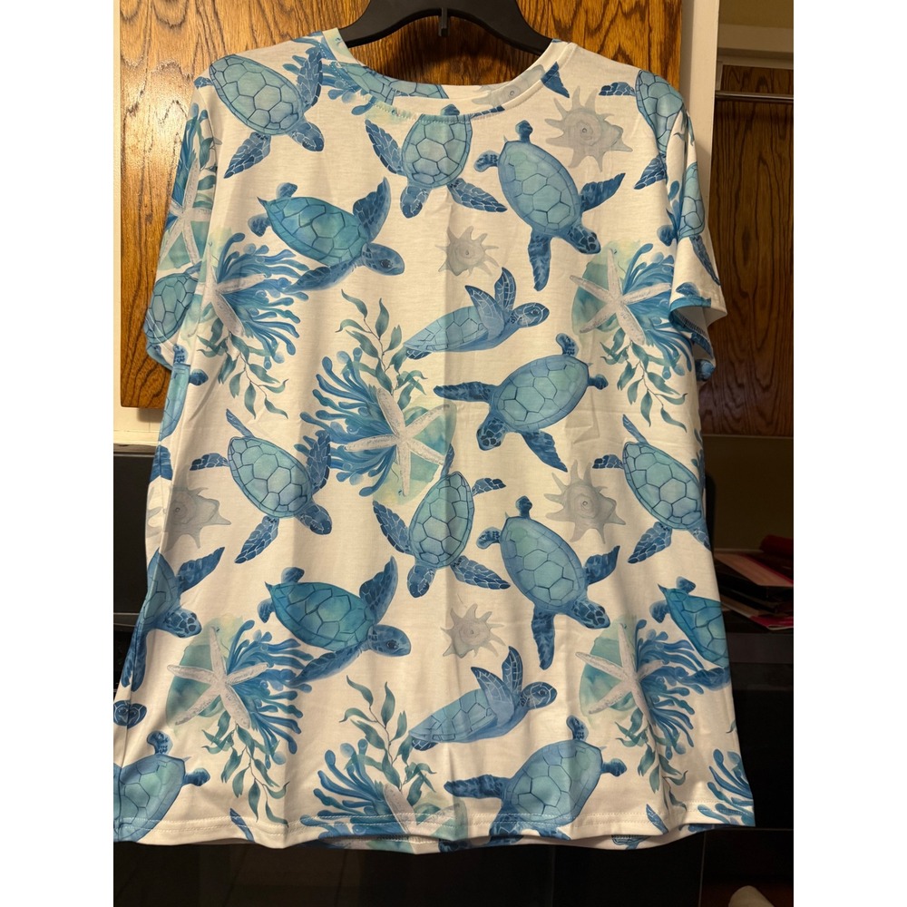 Sea Turtle Print 2 Piece Lounge  Blue White Short Sleeve Top Pants Womens‎ XL L